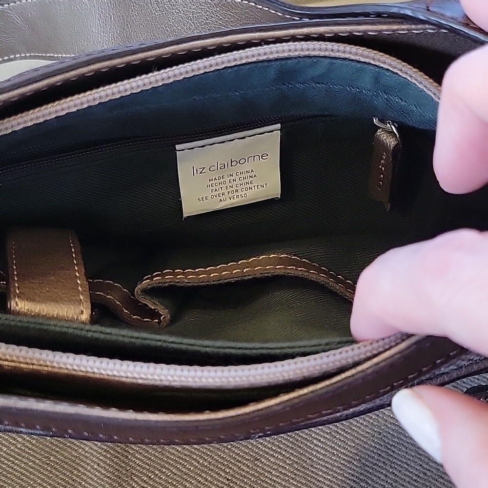 Liz CLAIBORNE brown cloth wool leather shoulder bag purse.  Excellent condition! - Picture 13 of 14